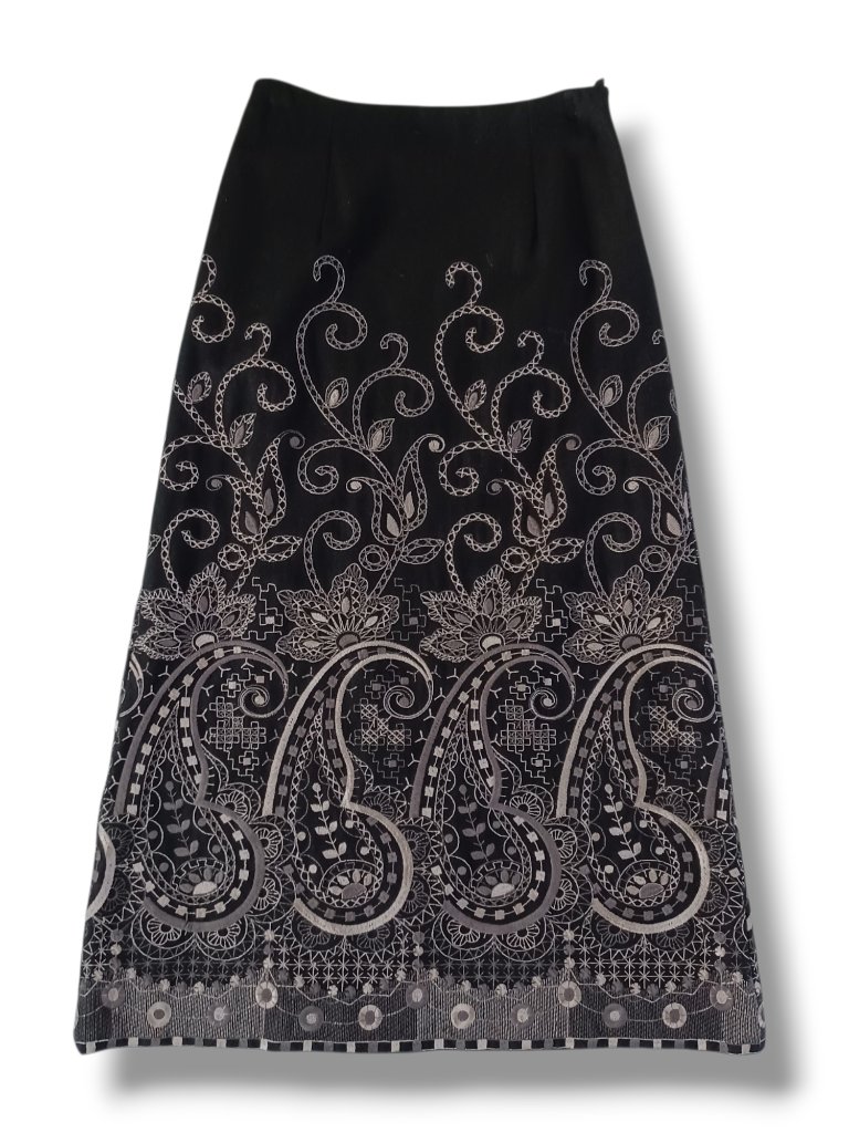 Talbots Wool Blend Maxi Skirt Black Modest Career Embroidered No Slit Size 10